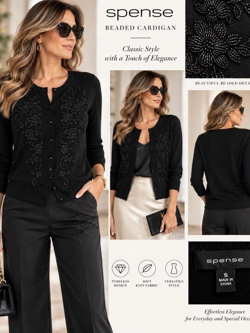 Spense Black Beaded Floral Cardigan